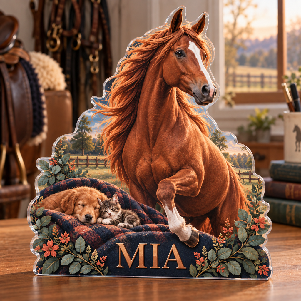 Artwork visualization: Horse companion — new pet parent gift, personalized MIA, subject-shaped acrylic with printed optical 3D depth; not carved relief.