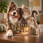 Artwork visualization: Multi pet household — household welcome decor, personalized OLIVIA, subject-shaped acrylic with printed optical 3D depth; not carved relief.