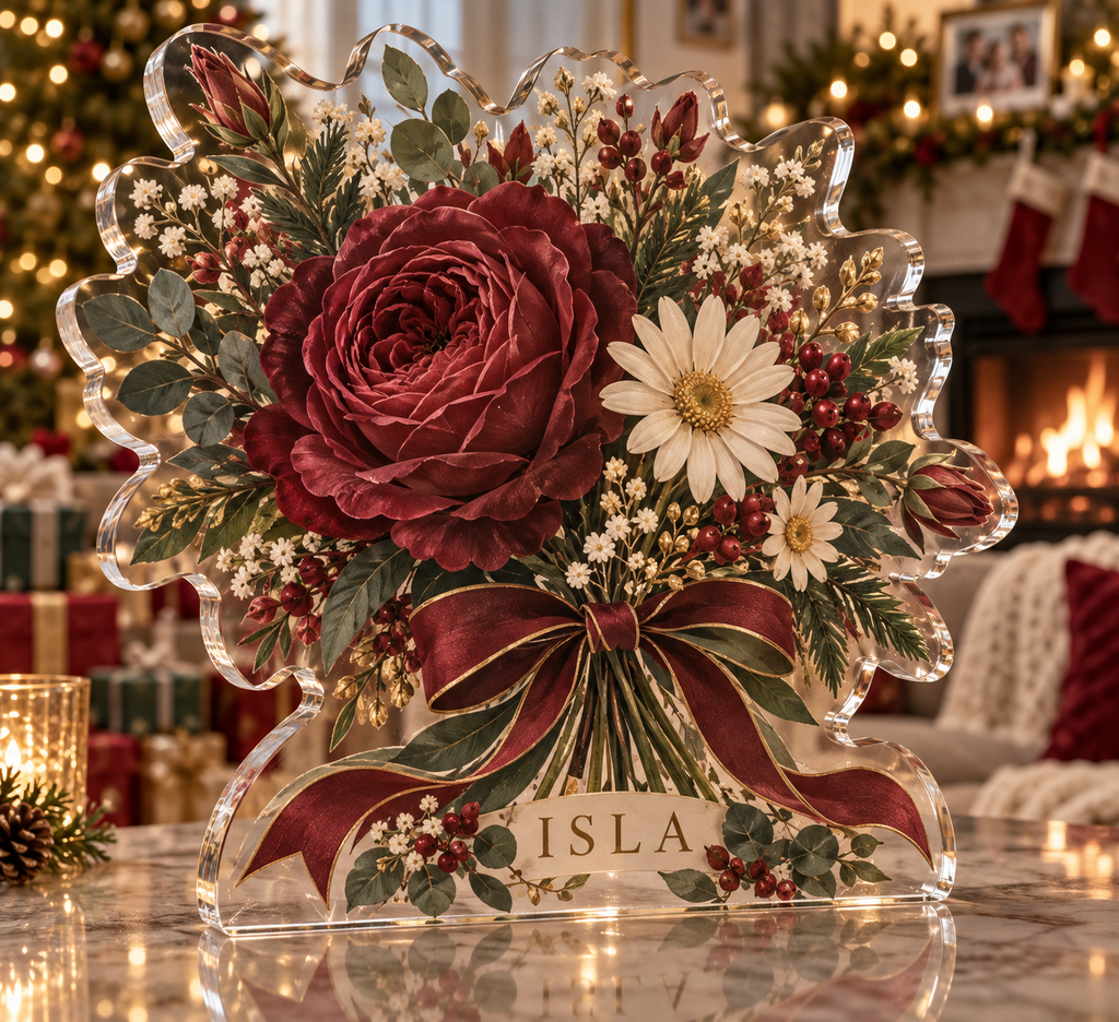 Artwork visualization: Mother family birth flowers — Christmas family gift, personalized ISLA, subject-shaped acrylic with printed optical 3D depth; not carved relief.