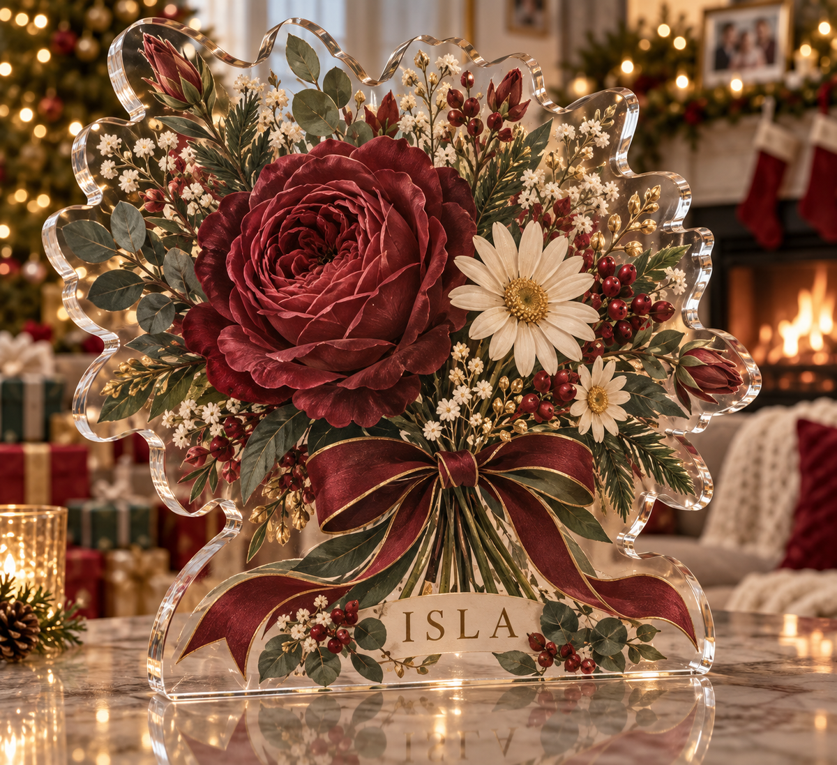 Artwork visualization: Mother family birth flowers — Christmas family gift, personalized ISLA, subject-shaped acrylic with printed optical 3D depth; not carved relief.