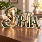 Artwork visualization: Family surname monogram — everyday home keepsake, personalized SOPHIA, subject-shaped acrylic with printed optical 3D depth; not carved relief.