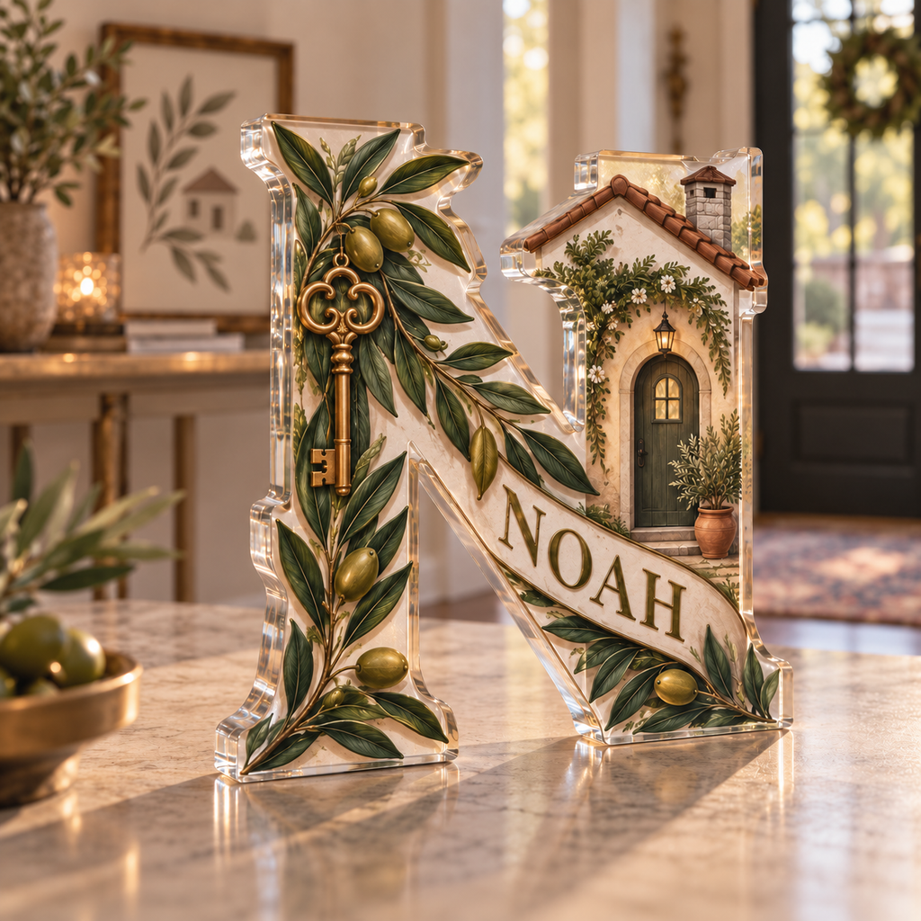 Artwork visualization: Family surname monogram — housewarming memory, personalized NOAH, subject-shaped acrylic with printed optical 3D depth; not carved relief.