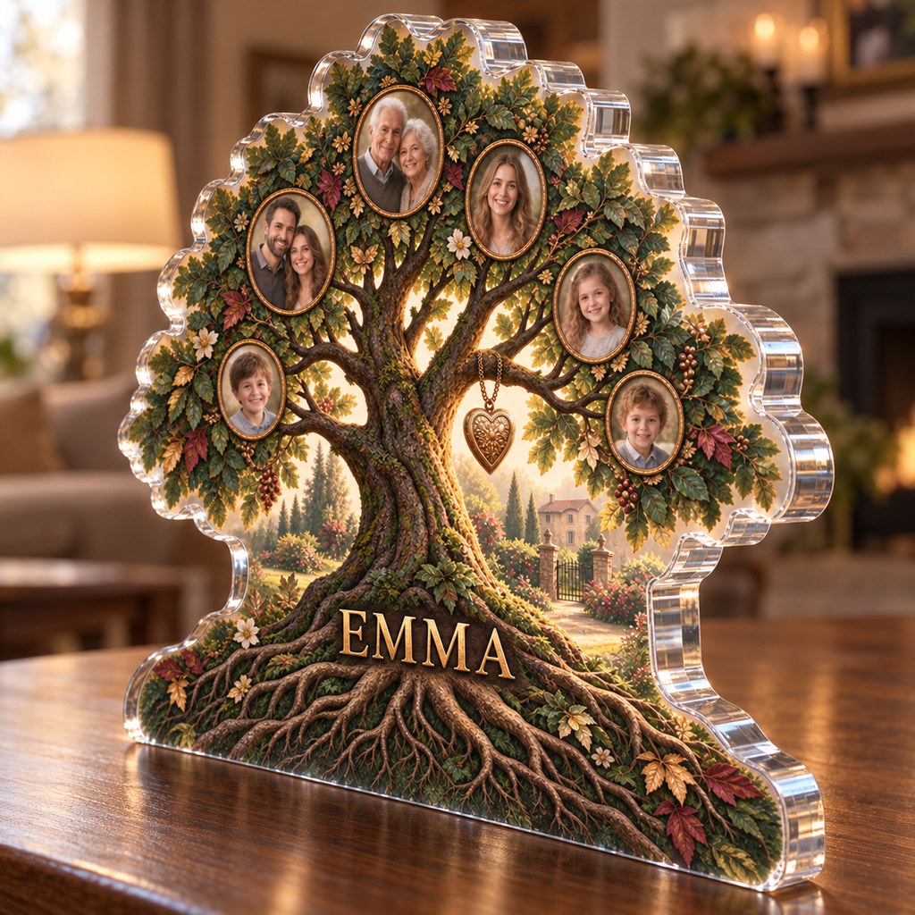 Artwork visualization: Generations family tree — everyday home keepsake, personalized EMMA, subject-shaped acrylic with printed optical 3D depth; not carved relief.