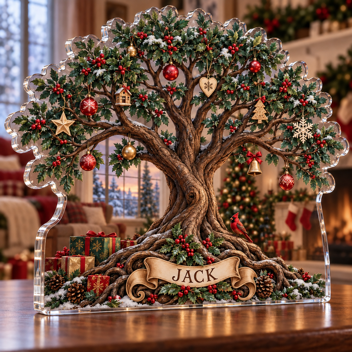 Artwork visualization: Generations family tree — Christmas family gift, personalized JACK, subject-shaped acrylic with printed optical 3D depth; not carved relief.