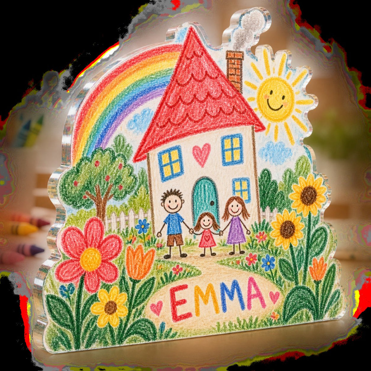 Personalized Child Artwork Reproduction Everyday Home Keepsake custom shape acrylic plaque with an example name set into the artwork, digital preview