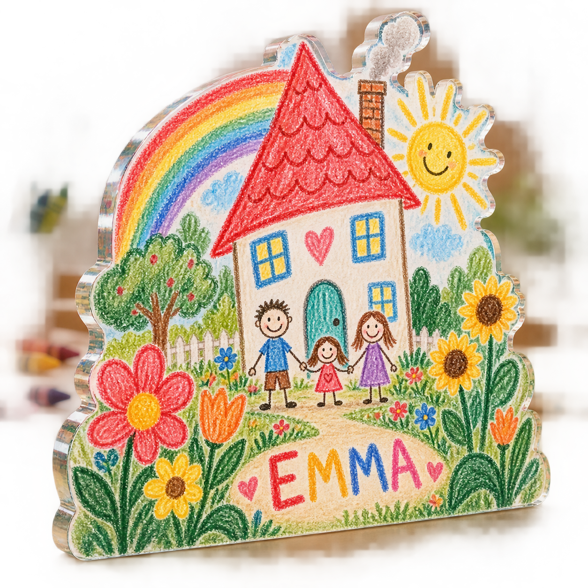 Artwork visualization: Child artwork reproduction — everyday home keepsake, personalized EMMA, subject-shaped acrylic with printed optical 3D depth; not carved relief.