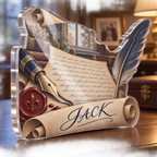 Artwork visualization: Handwritten letter keepsake — everyday home keepsake, personalized JACK, subject-shaped acrylic with printed optical 3D depth; not carved relief.