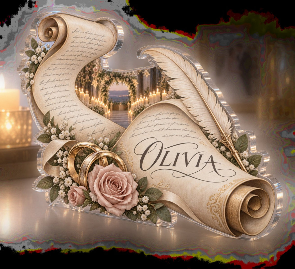 Personalized Wedding Vow Typography Everyday Home Keepsake custom shape acrylic plaque with an example name set into the artwork, digital preview