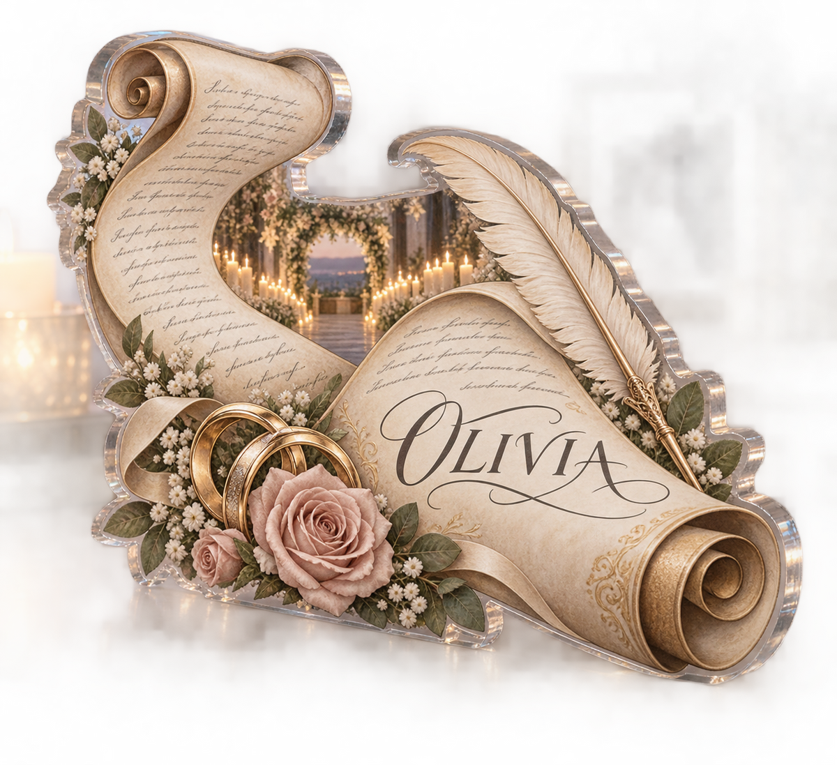 Artwork visualization: Wedding vow typography — everyday home keepsake, personalized OLIVIA, subject-shaped acrylic with printed optical 3D depth; not carved relief.