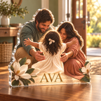 Artwork visualization: Adoption day keepsake — everyday home keepsake, personalized AVA, subject-shaped acrylic with printed optical 3D depth; not carved relief.