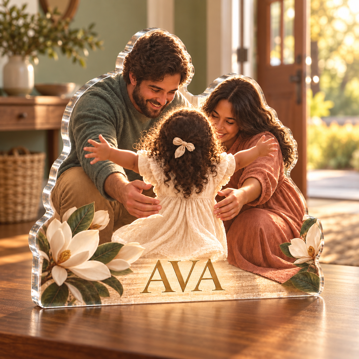Artwork visualization: Adoption day keepsake — everyday home keepsake, personalized AVA, subject-shaped acrylic with printed optical 3D depth; not carved relief.