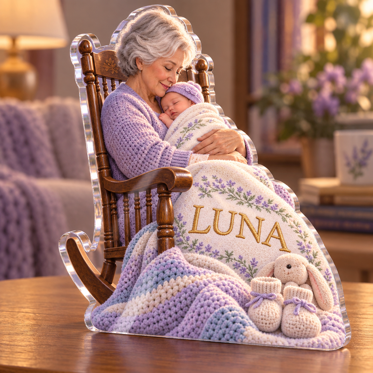 Artwork visualization: New grandparent announcement — everyday home keepsake, personalized LUNA, subject-shaped acrylic with printed optical 3D depth; not carved relief.