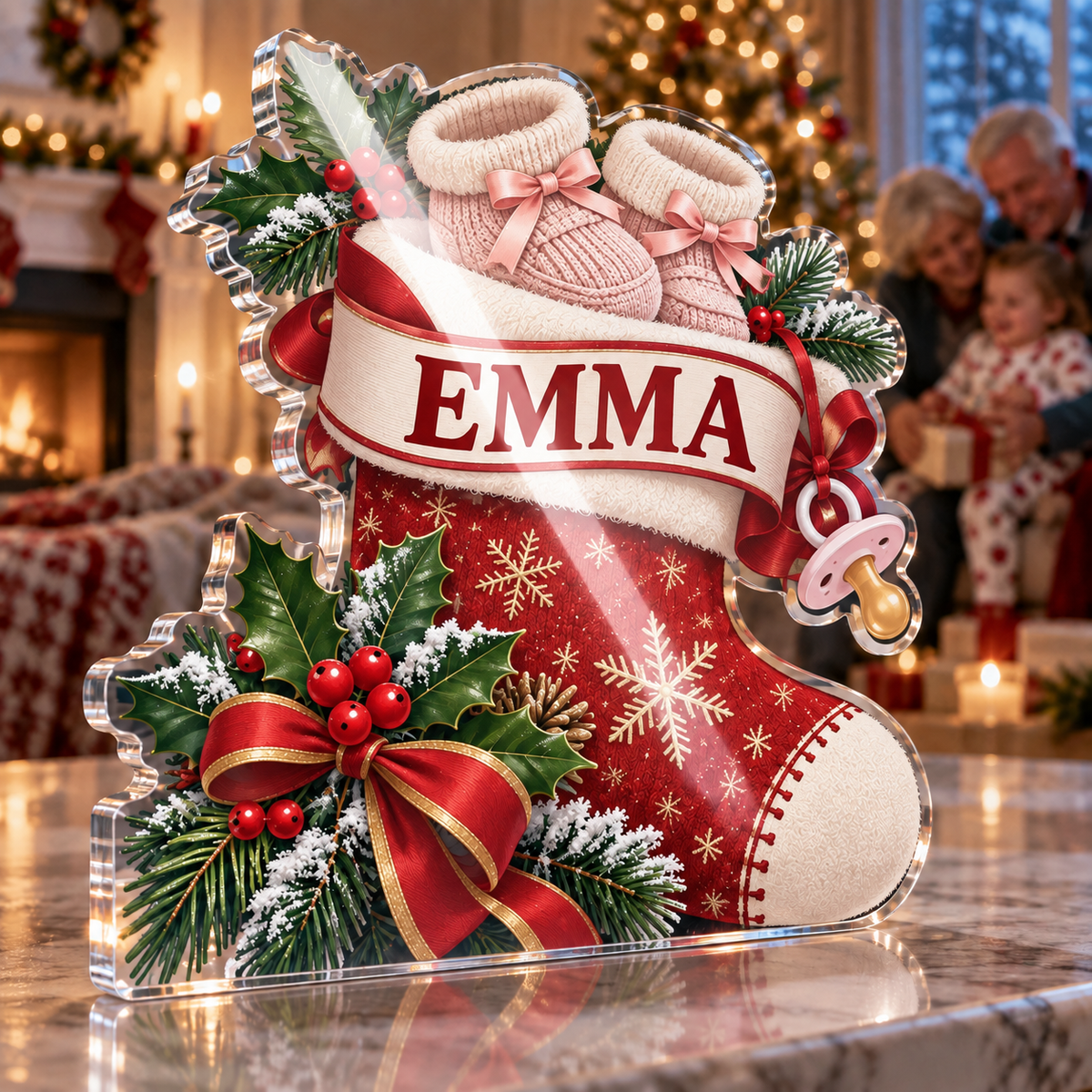 Artwork visualization: New grandparent announcement — Christmas family gift, personalized EMMA, subject-shaped acrylic with printed optical 3D depth; not carved relief.
