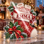 Artwork visualization: New grandparent announcement — Christmas family gift, personalized EMMA, subject-shaped acrylic with printed optical 3D depth; not carved relief.