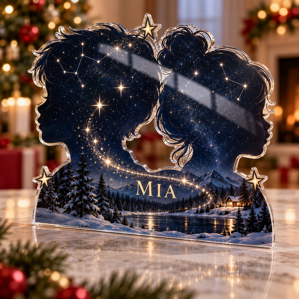 Artwork visualization: Sibling name constellation — Christmas family gift, personalized MIA, subject-shaped acrylic with printed optical 3D depth; not carved relief.