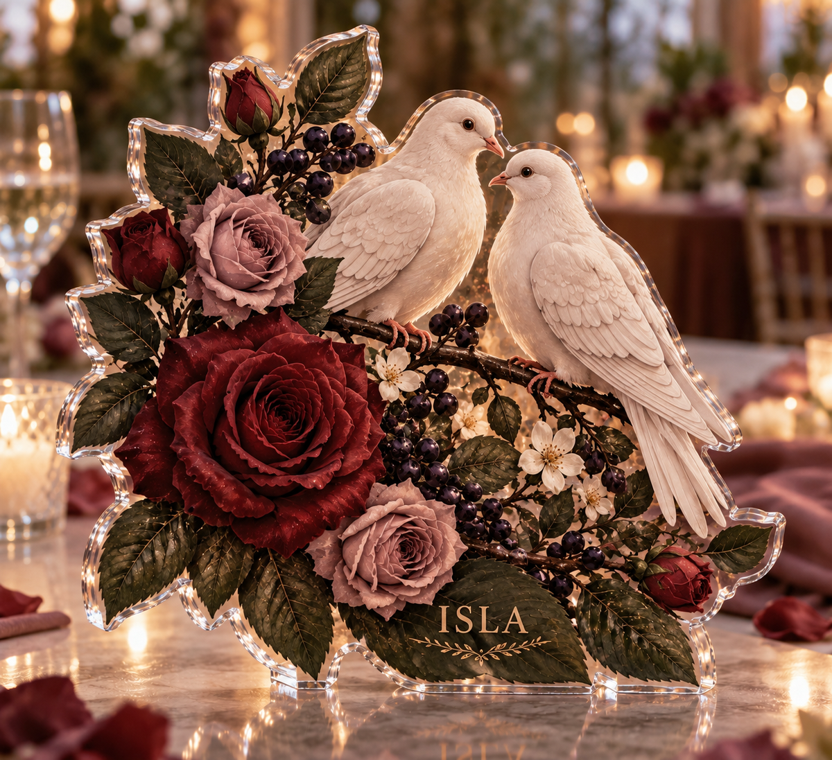 Artwork visualization: Gothic botanical wedding — thank you gift, personalized ISLA, subject-shaped acrylic with printed optical 3D depth; not carved relief.