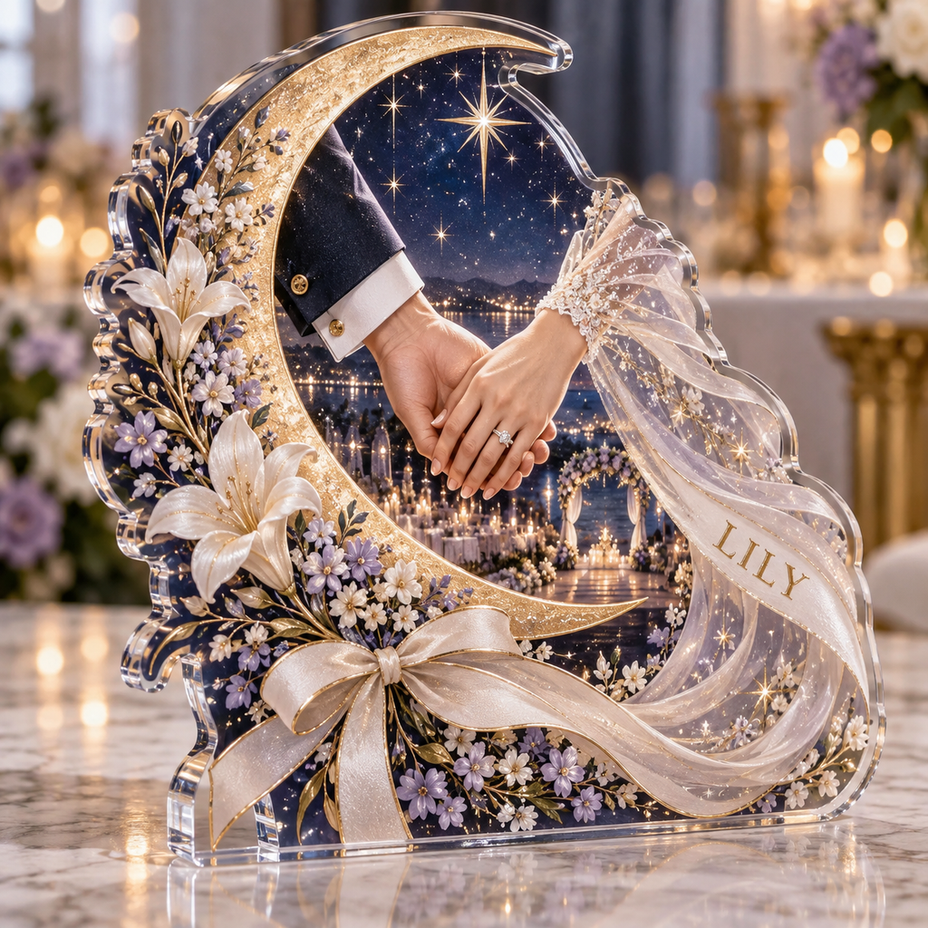 Artwork visualization: Celestial wedding — thank you gift, personalized LILY, subject-shaped acrylic with printed optical 3D depth; not carved relief.