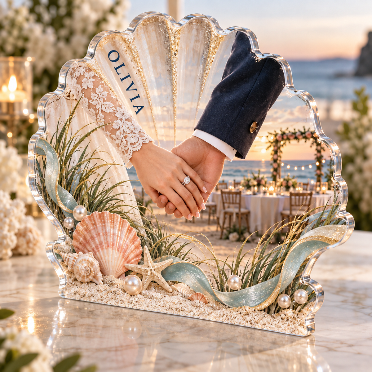 Artwork visualization: Coastal shell wedding — thank you gift, personalized OLIVIA, subject-shaped acrylic with printed optical 3D depth; not carved relief.