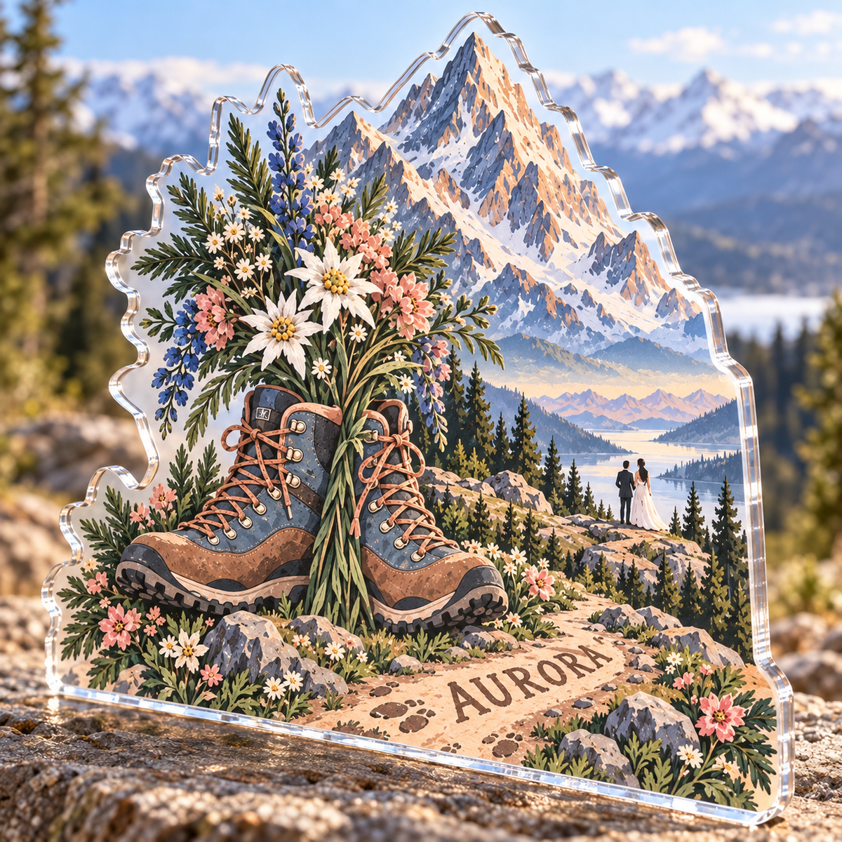 Artwork visualization: Mountain elopement — thank you gift, personalized AURORA, subject-shaped acrylic with printed optical 3D depth; not carved relief.