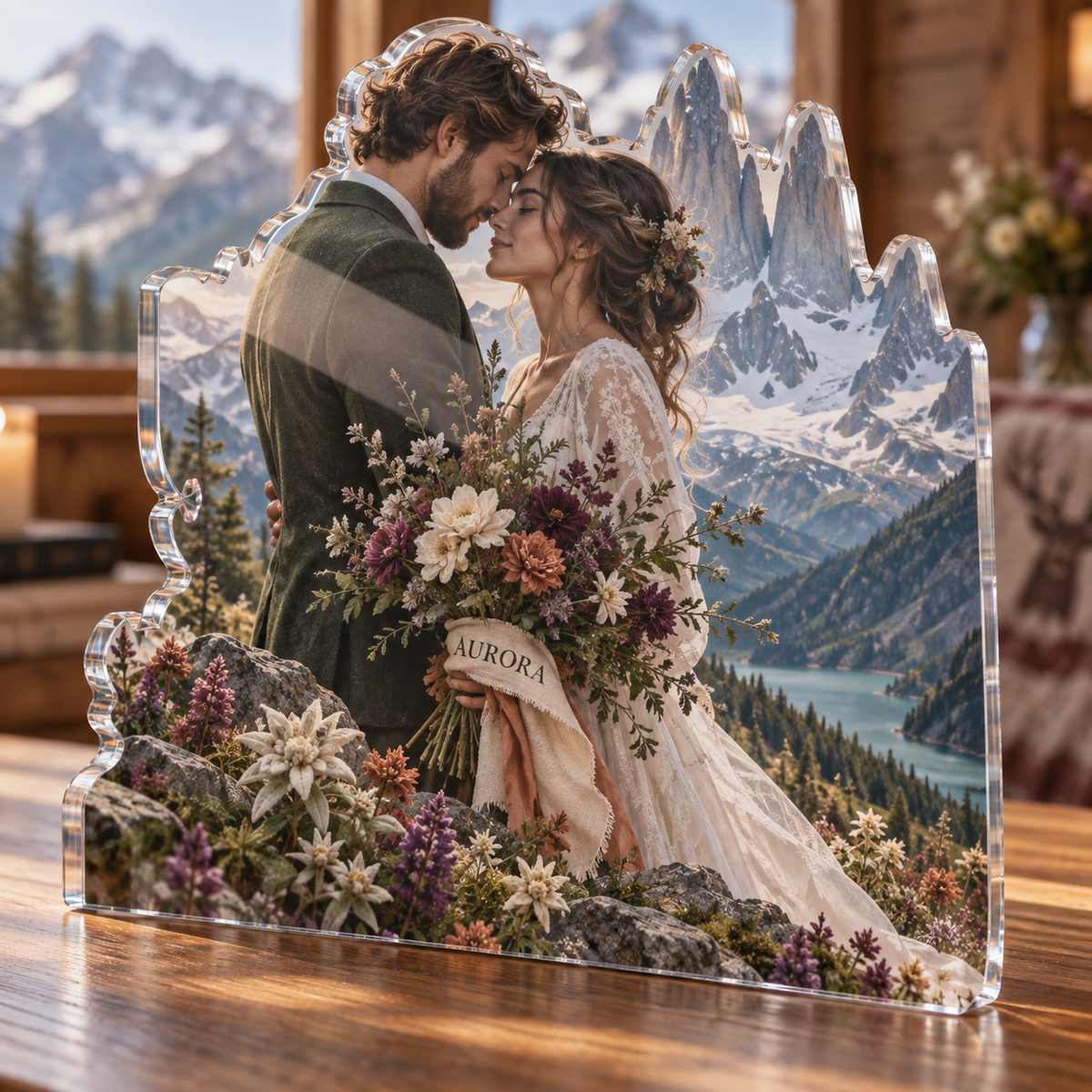 Artwork visualization: Mountain elopement — photo corner decoration, personalized AURORA, subject-shaped acrylic with printed optical 3D depth; not carved relief.