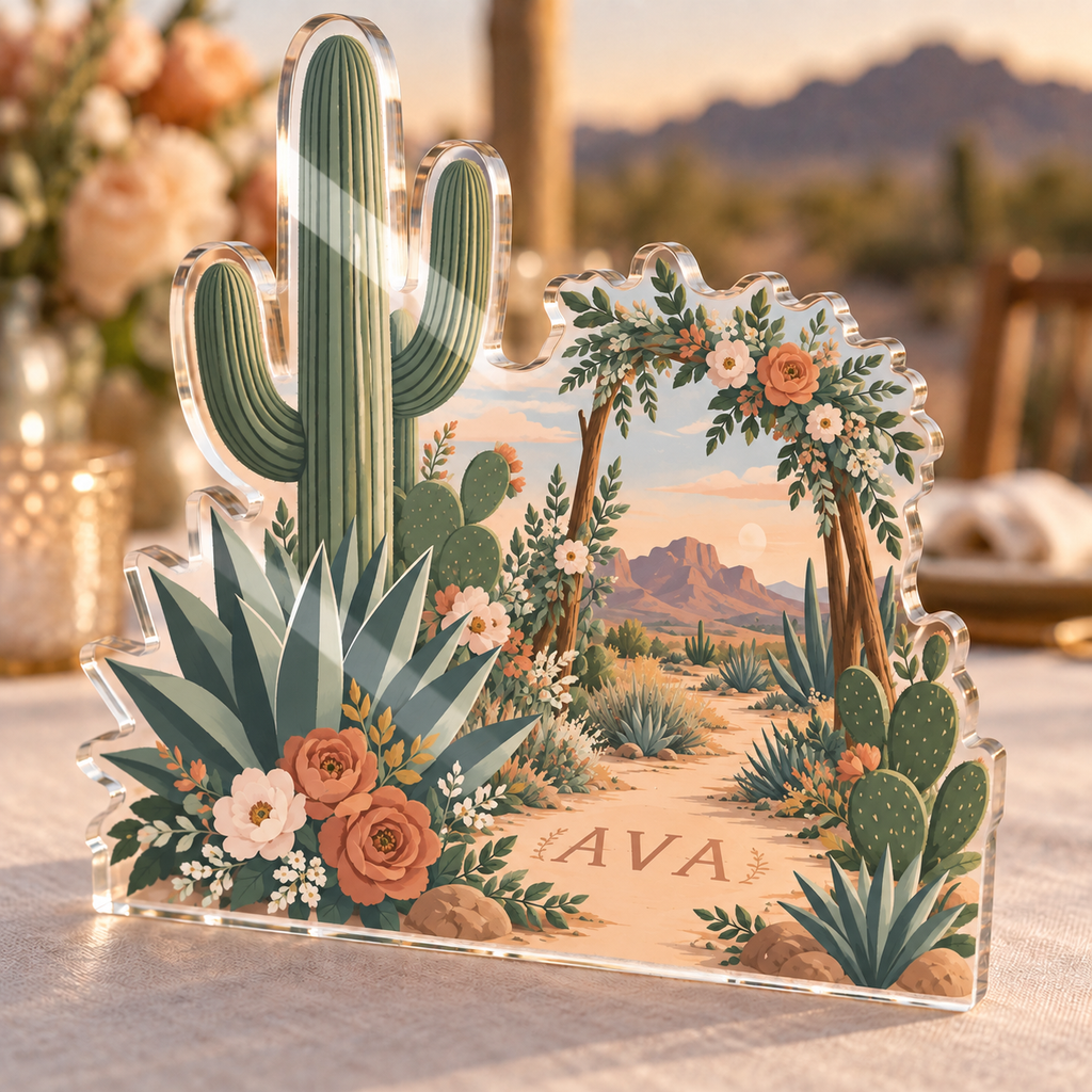 Artwork visualization: Desert botanical wedding — thank you gift, personalized AVA, subject-shaped acrylic with printed optical 3D depth; not carved relief.