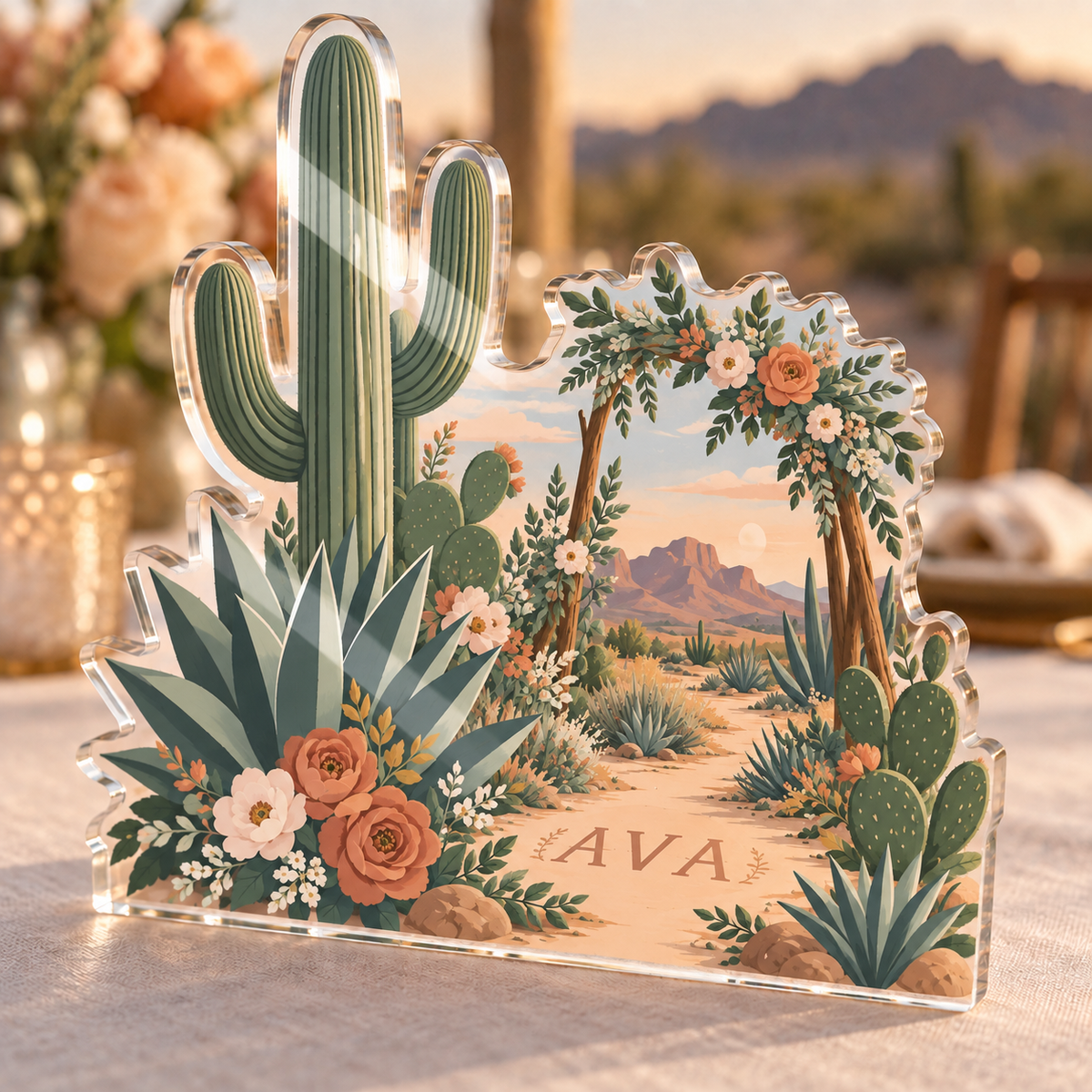 Artwork visualization: Desert botanical wedding — thank you gift, personalized AVA, subject-shaped acrylic with printed optical 3D depth; not carved relief.