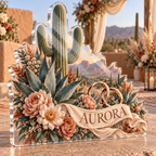 Artwork visualization: Desert botanical wedding — photo corner decoration, personalized AURORA, subject-shaped acrylic with printed optical 3D depth; not carved relief.
