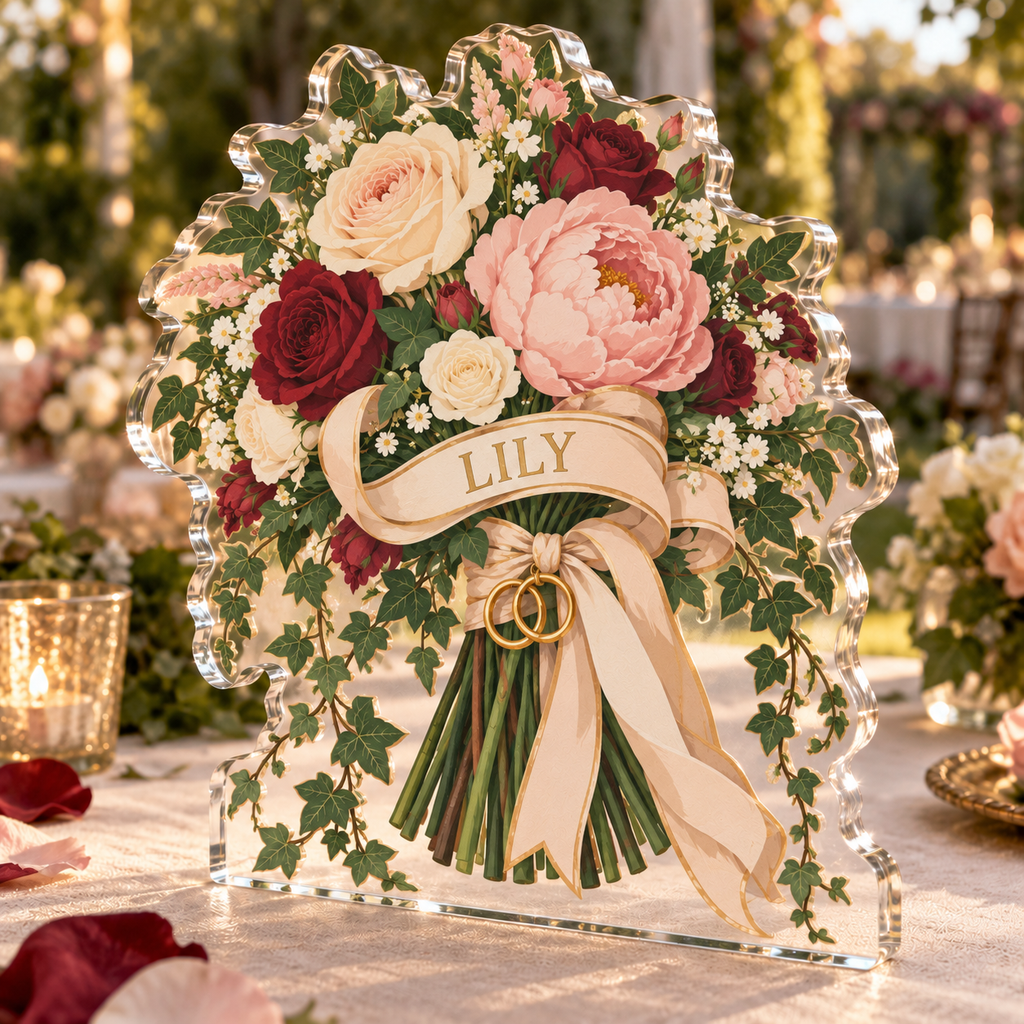 Artwork visualization: Vintage garden wedding — thank you gift, personalized LILY, subject-shaped acrylic with printed optical 3D depth; not carved relief.