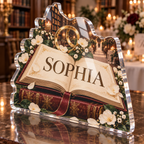 Artwork visualization: Library wedding — thank you gift, personalized SOPHIA, subject-shaped acrylic with printed optical 3D depth; not carved relief.