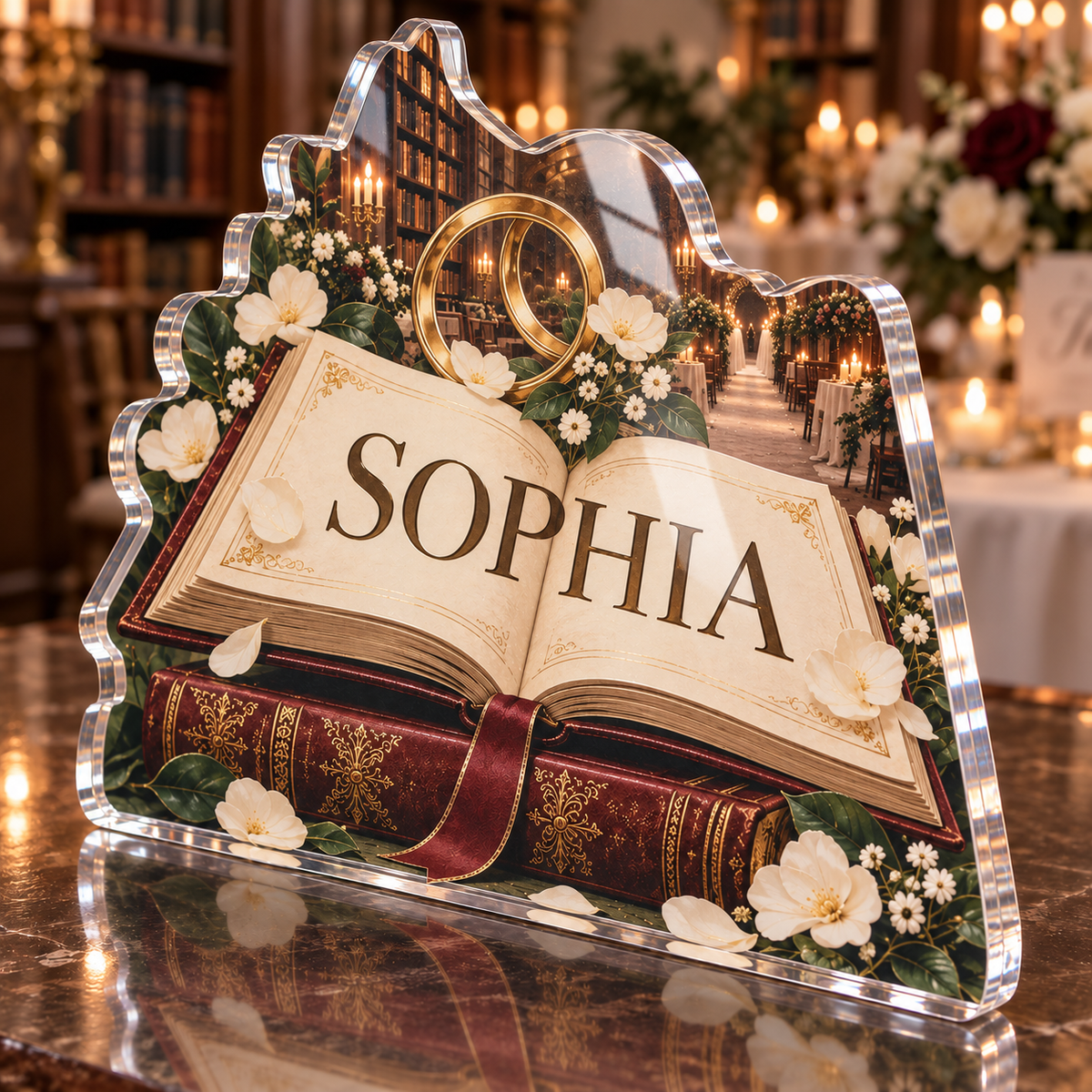 Artwork visualization: Library wedding — thank you gift, personalized SOPHIA, subject-shaped acrylic with printed optical 3D depth; not carved relief.