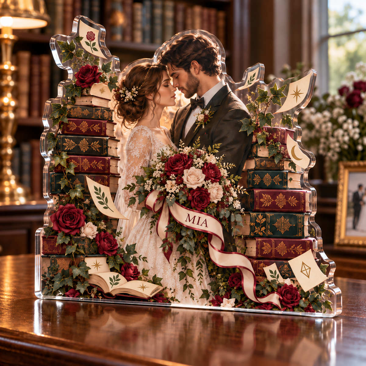 Artwork visualization: Library wedding — photo corner decoration, personalized MIA, subject-shaped acrylic with printed optical 3D depth; not carved relief.