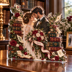 Artwork visualization: Library wedding — photo corner decoration, personalized MIA, subject-shaped acrylic with printed optical 3D depth; not carved relief.