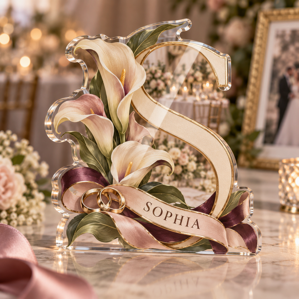 Artwork visualization: Minimal monogram wedding — photo corner decoration, personalized SOPHIA, subject-shaped acrylic with printed optical 3D depth; not carved relief.