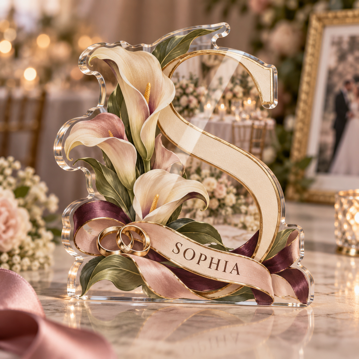 Artwork visualization: Minimal monogram wedding — photo corner decoration, personalized SOPHIA, subject-shaped acrylic with printed optical 3D depth; not carved relief.