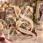Artwork visualization: Minimal monogram wedding — photo corner decoration, personalized SOPHIA, subject-shaped acrylic with printed optical 3D depth; not carved relief.