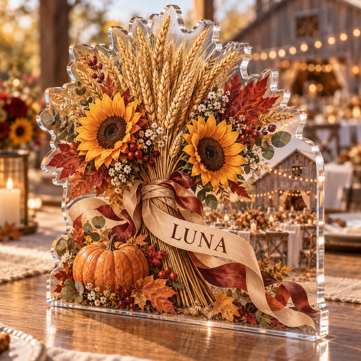Artwork visualization: Autumn harvest wedding — thank you gift, personalized LUNA, subject-shaped acrylic with printed optical 3D depth; not carved relief.