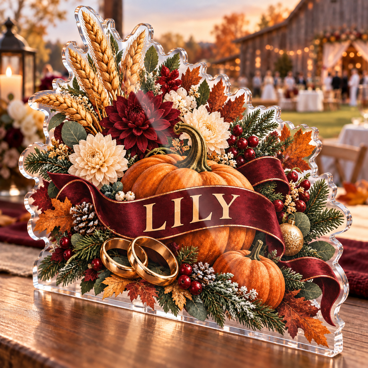 Artwork visualization: Autumn harvest wedding — photo corner decoration, personalized LILY, subject-shaped acrylic with printed optical 3D depth; not carved relief.