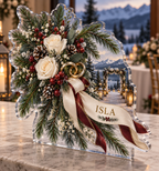Artwork visualization: Winter evergreen wedding — photo corner decoration, personalized ISLA, subject-shaped acrylic with printed optical 3D depth; not carved relief.