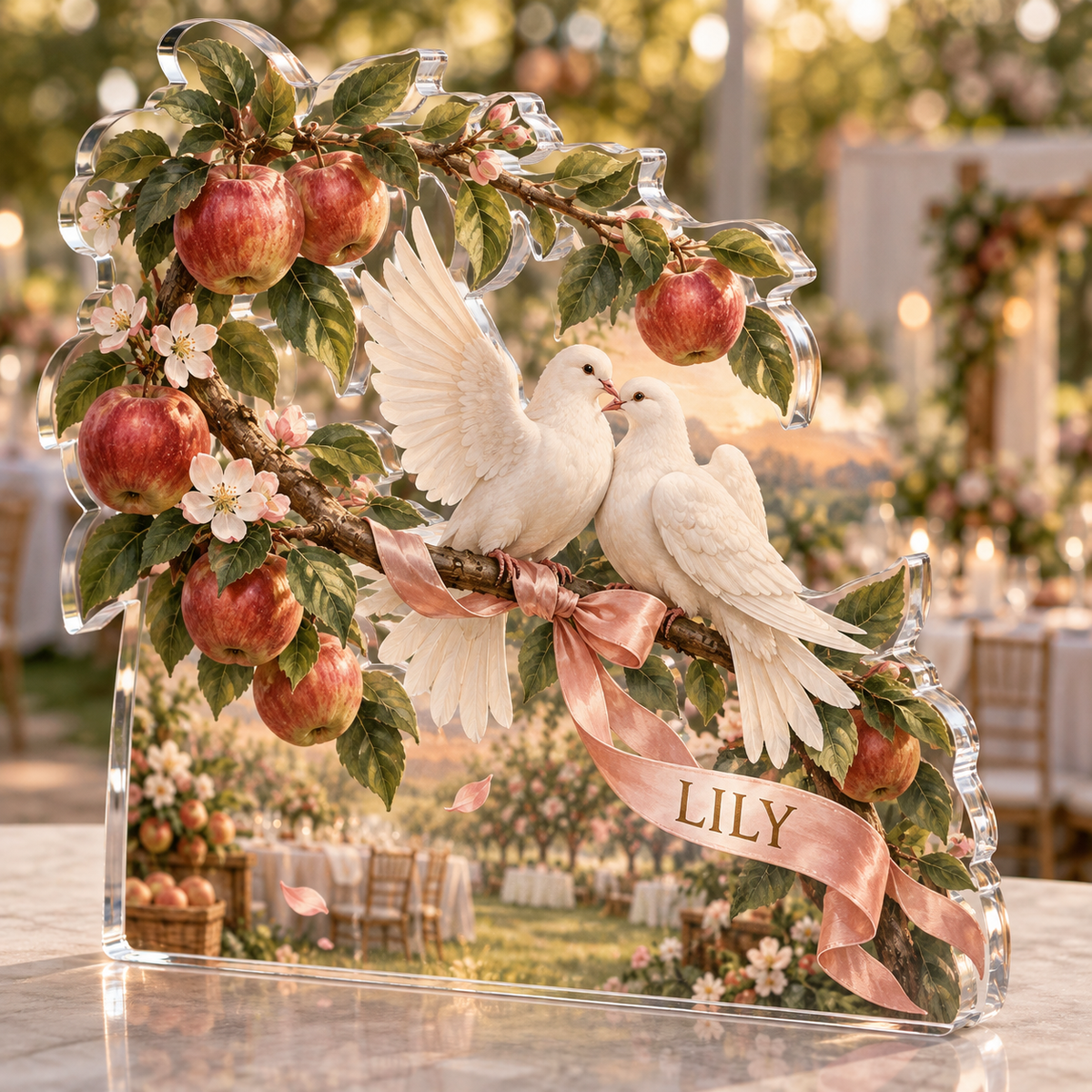 Artwork visualization: Orchard wedding — thank you gift, personalized LILY, subject-shaped acrylic with printed optical 3D depth; not carved relief.
