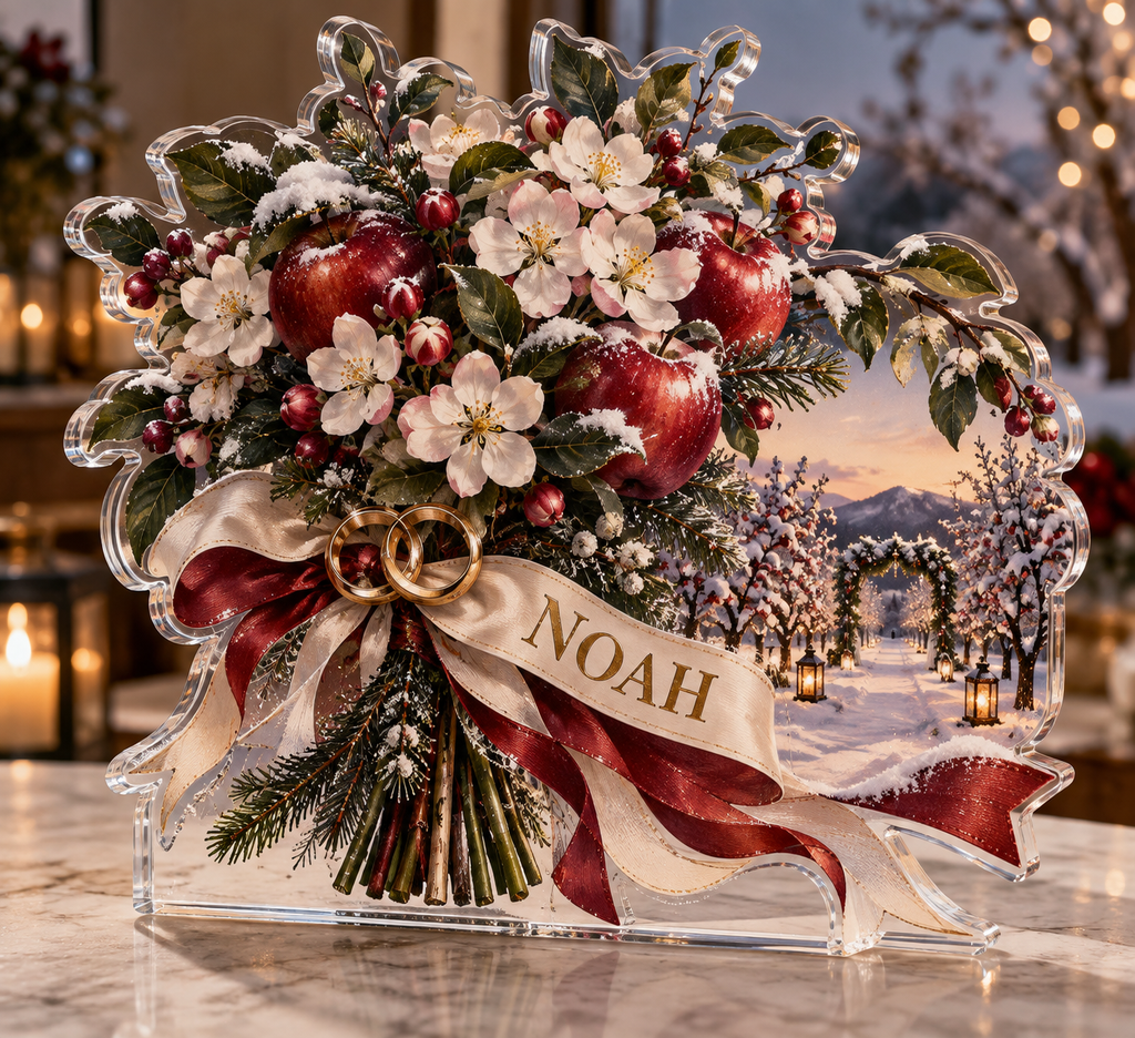 Artwork visualization: Orchard wedding — photo corner decoration, personalized NOAH, subject-shaped acrylic with printed optical 3D depth; not carved relief.