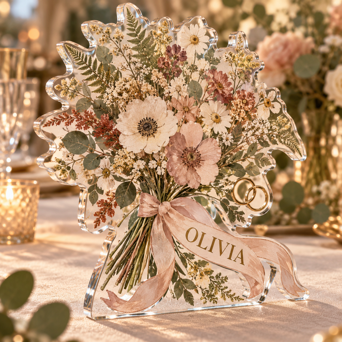 Artwork visualization: Pressed flower wedding — thank you gift, personalized OLIVIA, subject-shaped acrylic with printed optical 3D depth; not carved relief.