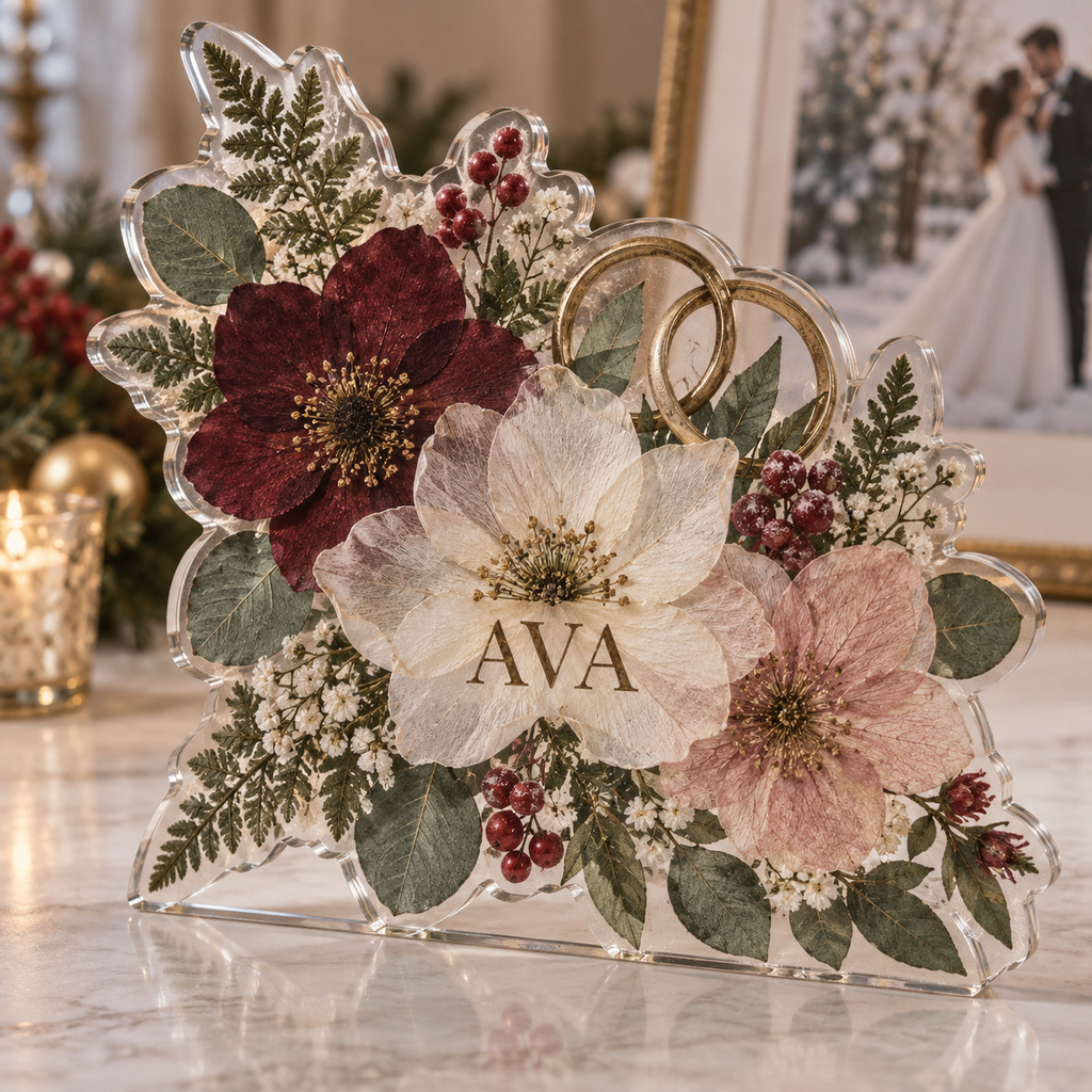 Artwork visualization: Pressed flower wedding — photo corner decoration, personalized AVA, subject-shaped acrylic with printed optical 3D depth; not carved relief.