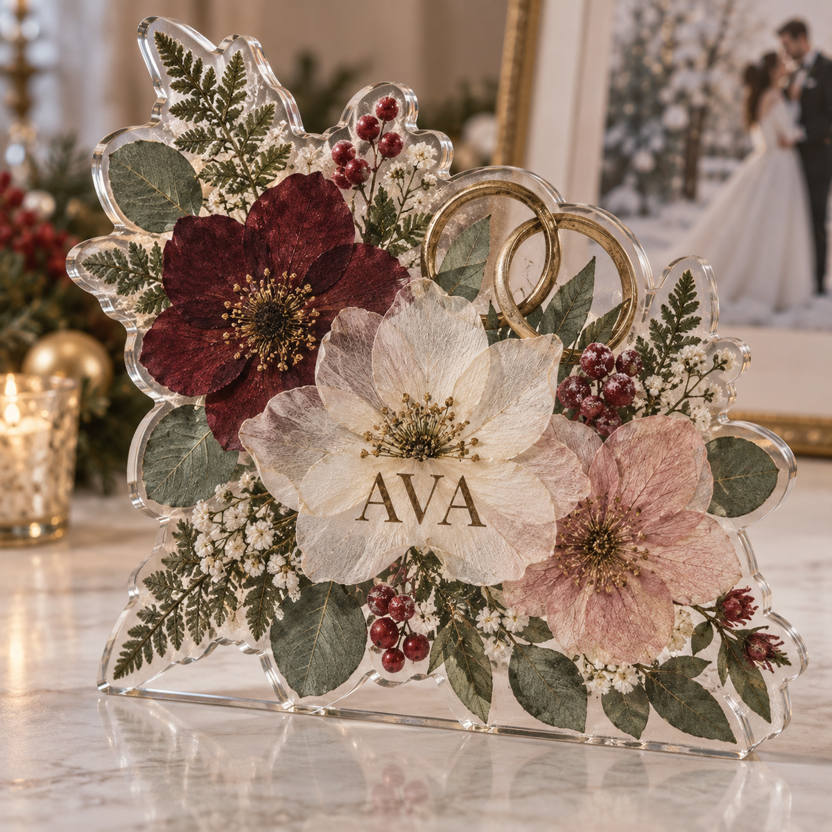 Artwork visualization: Pressed flower wedding — photo corner decoration, personalized AVA, subject-shaped acrylic with printed optical 3D depth; not carved relief.