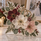 Artwork visualization: Pressed flower wedding — photo corner decoration, personalized AVA, subject-shaped acrylic with printed optical 3D depth; not carved relief.