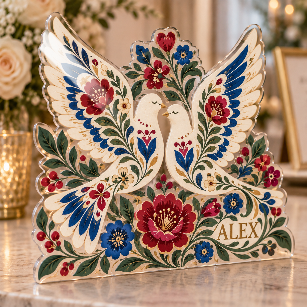 Artwork visualization: Folk floral wedding — thank you gift, personalized ALEX, subject-shaped acrylic with printed optical 3D depth; not carved relief.