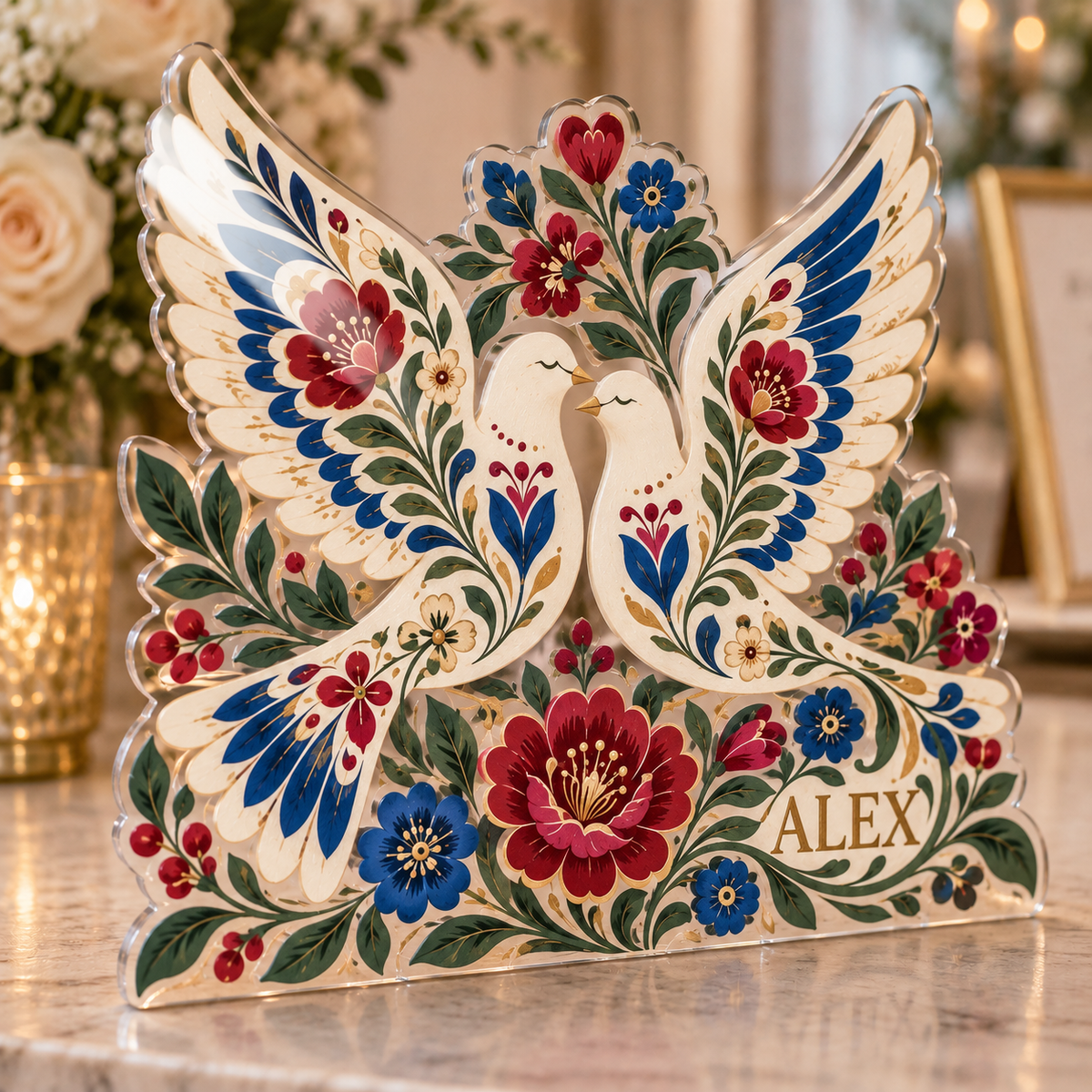 Artwork visualization: Folk floral wedding — thank you gift, personalized ALEX, subject-shaped acrylic with printed optical 3D depth; not carved relief.