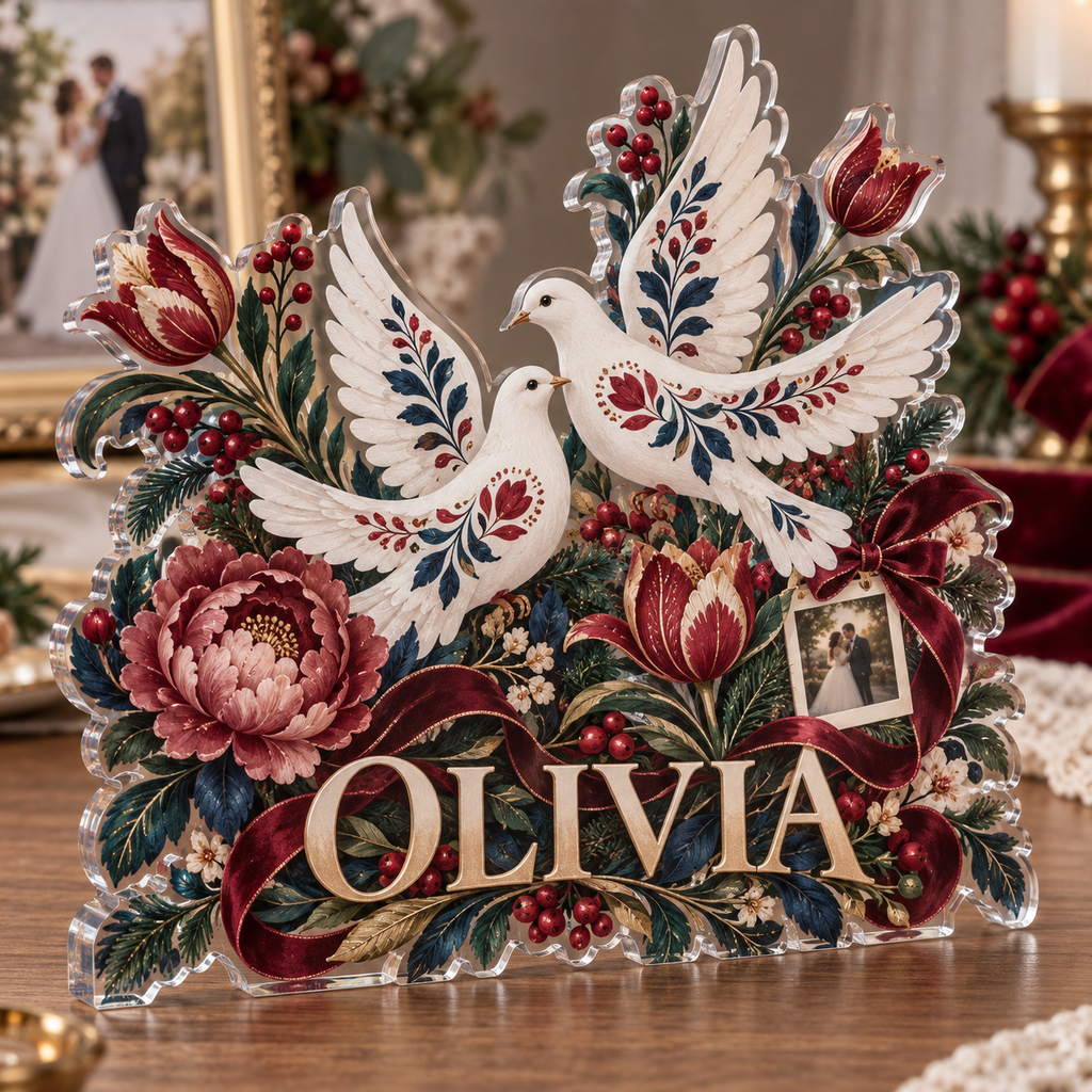 Artwork visualization: Folk floral wedding — photo corner decoration, personalized OLIVIA, subject-shaped acrylic with printed optical 3D depth; not carved relief.