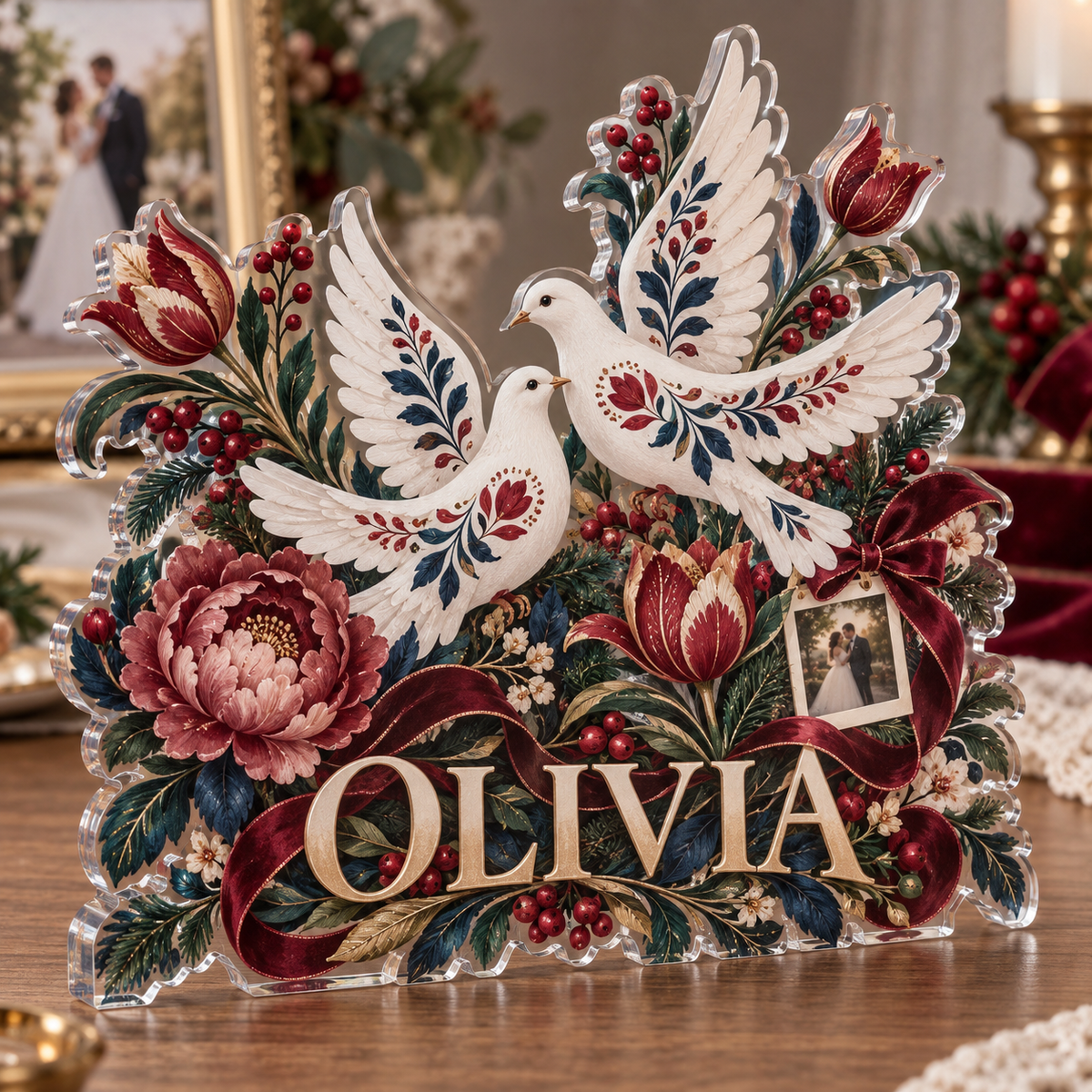 Artwork visualization: Folk floral wedding — photo corner decoration, personalized OLIVIA, subject-shaped acrylic with printed optical 3D depth; not carved relief.