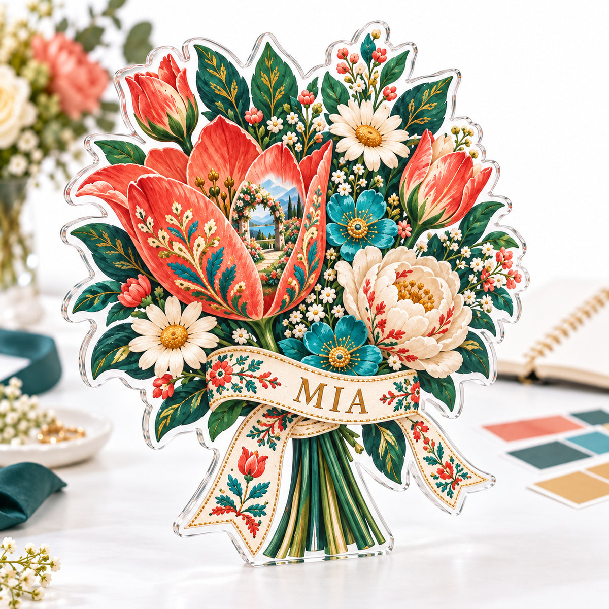 Personalized acrylic plaque with an example name set into the artwork, digital preview