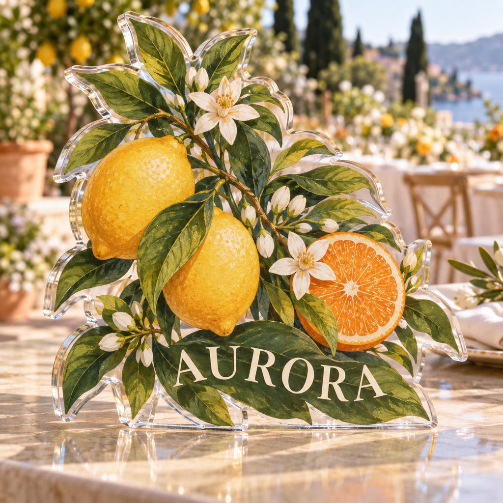 Artwork visualization: Citrus garden wedding — thank you gift, personalized AURORA, subject-shaped acrylic with printed optical 3D depth; not carved relief.